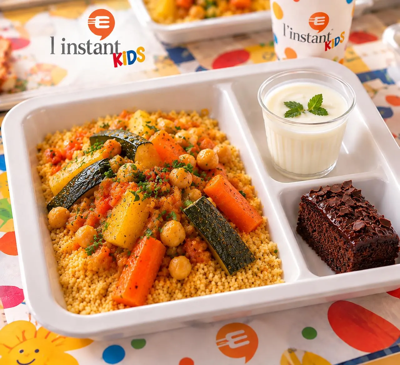 Plateau Kids : couscous aux légumes, yaourt et gâteau au chocolat