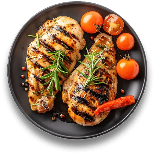 Assiette de poulet grillé aux tomates et romarin
