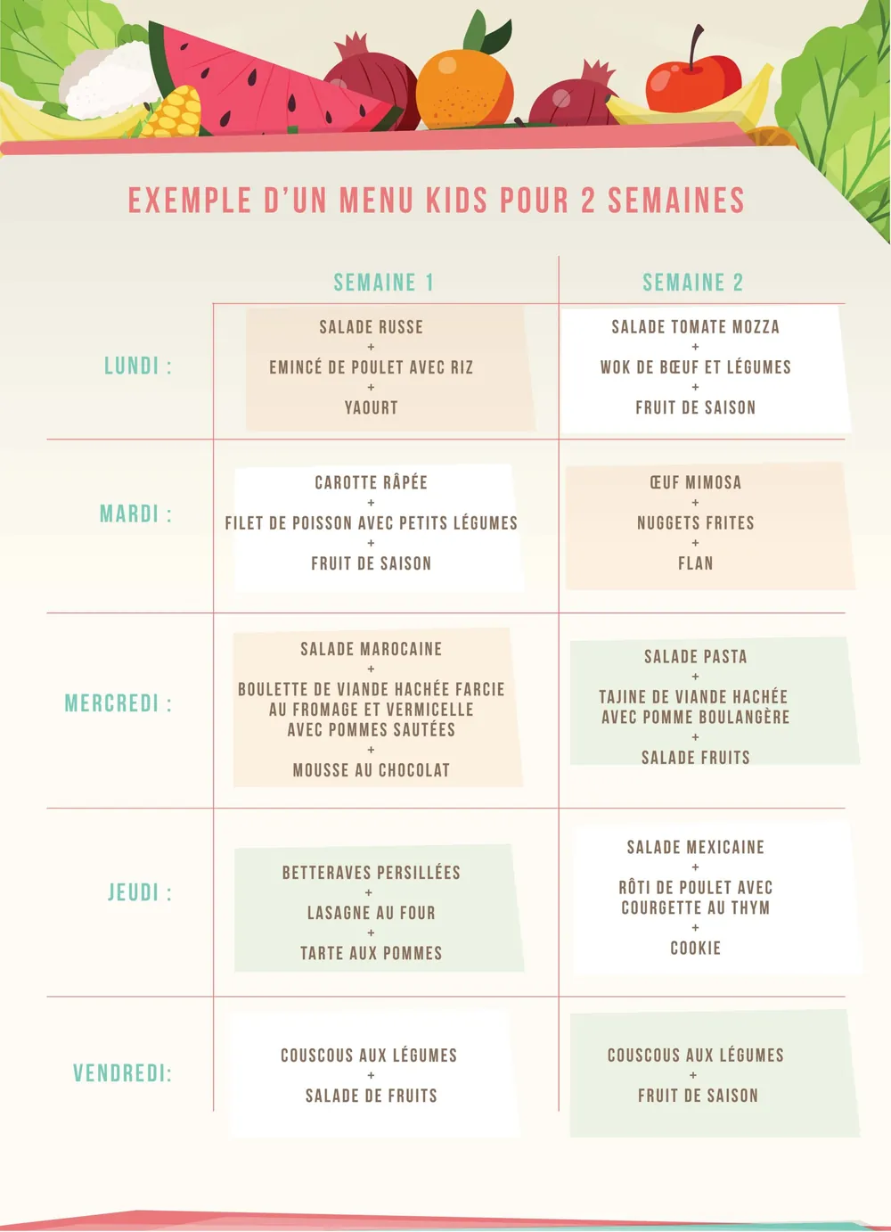Brochure menu Kids 2 semaines